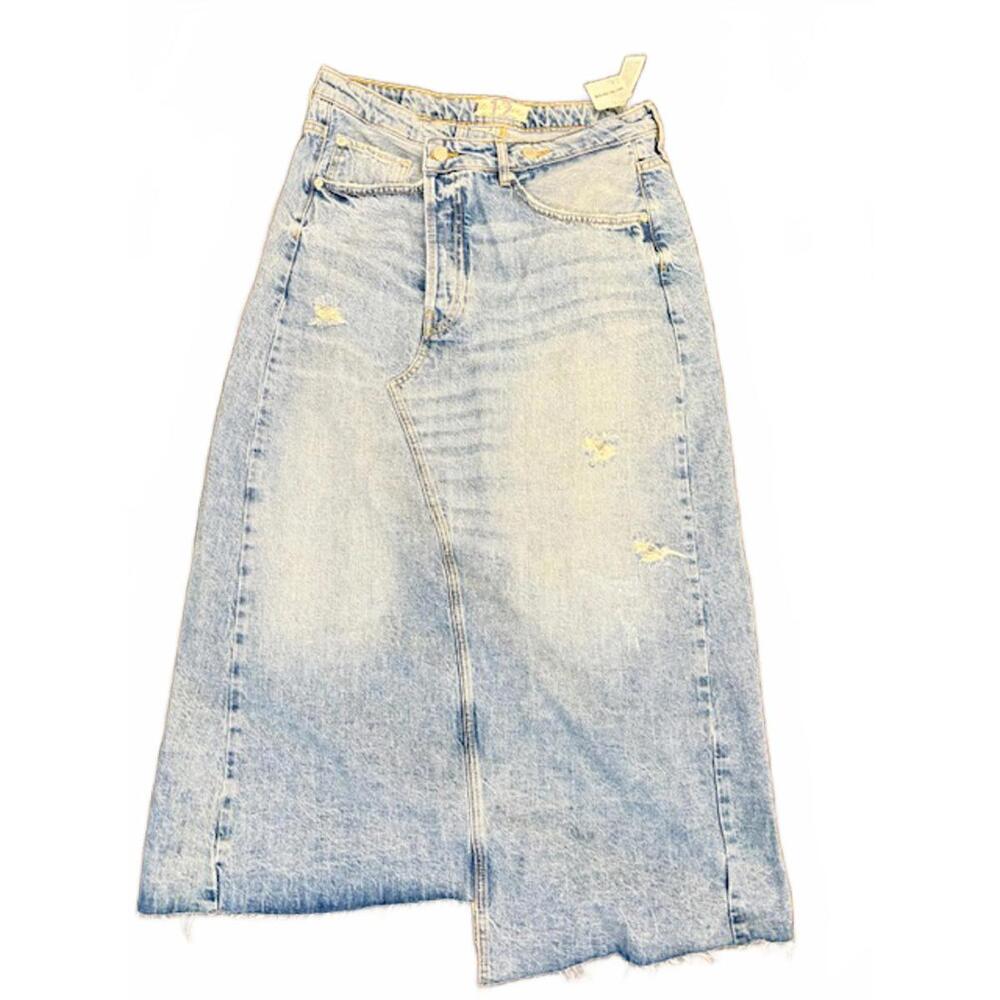 NWT We the Free by Free People Distressed Denim Midi Skirt sz 12